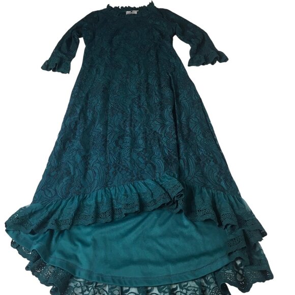 Dainty Jewells Dress Womens Medium Teal Lace Maxi 3/4 Sleeve Ruffle Hem Modest - Picture 1 of 16